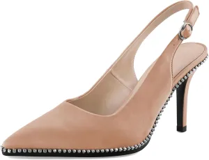 SAMMITOP Women's Slingback Heels Pointed Toe Stiletto High Heel Rhinestone Beaded Pumps 3.5 Inch Satin Wedding Party Dress Shoes