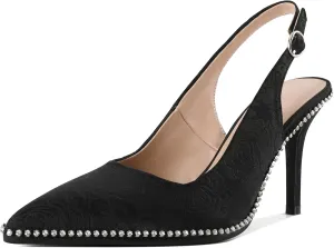 SAMMITOP Women's Slingback Heels Pointed Toe Stiletto High Heel Rhinestone Beaded Pumps 3.5 Inch Satin Wedding Party Dress Shoes