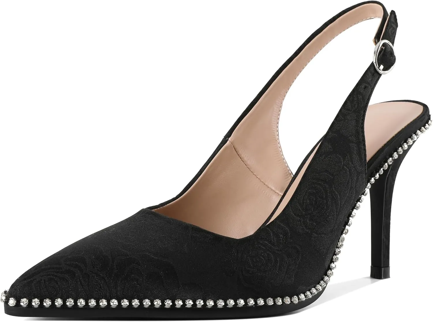 SAMMITOP Women's Slingback Heels Pointed Toe Stiletto High Heel Rhinestone Beaded Pumps 3.5 Inch Satin Wedding Party Dress Shoes