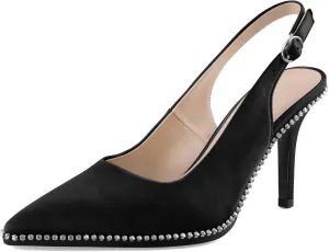 SAMMITOP Women's Slingback Heels Pointed Toe Stiletto High Heel Rhinestone Beaded Pumps 3.5 Inch Satin Wedding Party Dress Shoes