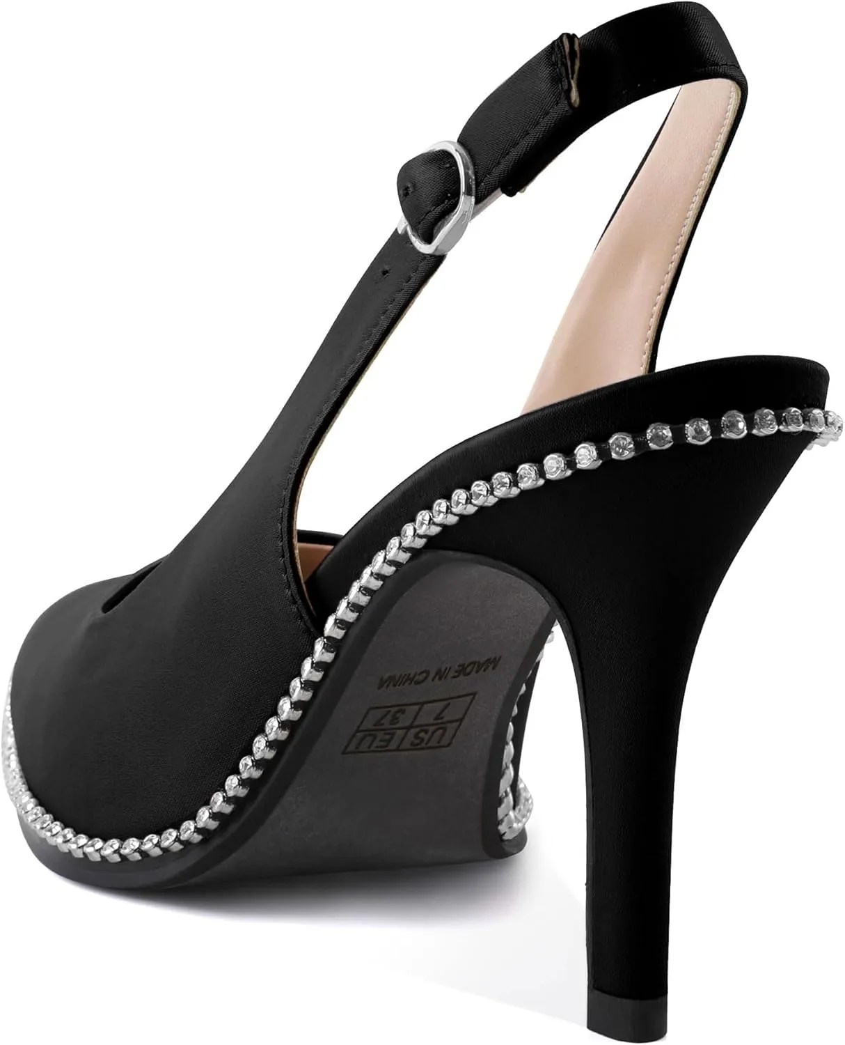SAMMITOP Women's Slingback Heels Pointed Toe Stiletto High Heel Rhinestone Beaded Pumps 3.5 Inch Satin Wedding Party Dress Shoes