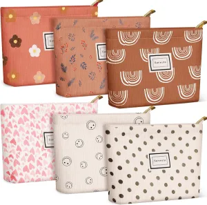 Sanwuta 6 Pcs Velvet Makeup Bag Large Capacity Corduroy Cosmetic Bag pattern Canvas Makeup Pouch with Zipper Travel Toiletry Accessories Organizer for Women Girls Gifts, 10 x 7 Inch(Assorted)