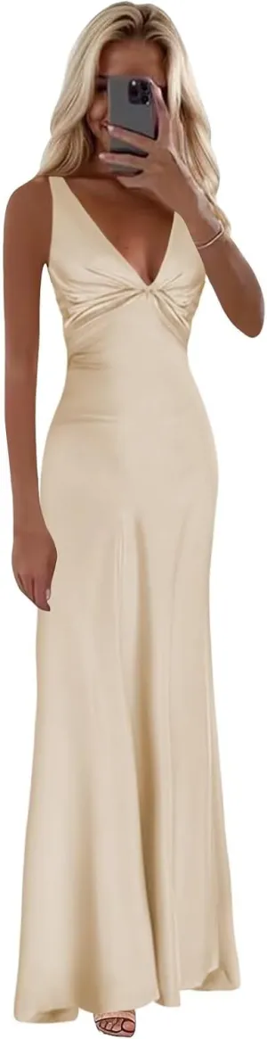 Satin Prom Dress Long Corset Halter Bridesmaid Dresses V Neck Mermaid Formal Evening Gowns
