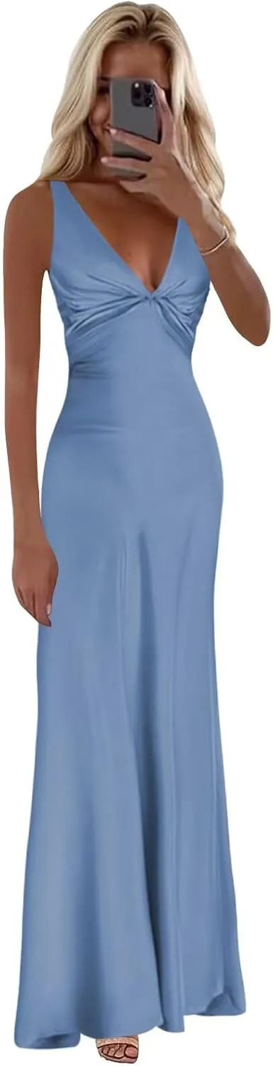 Satin Prom Dress Long Corset Halter Bridesmaid Dresses V Neck Mermaid Formal Evening Gowns