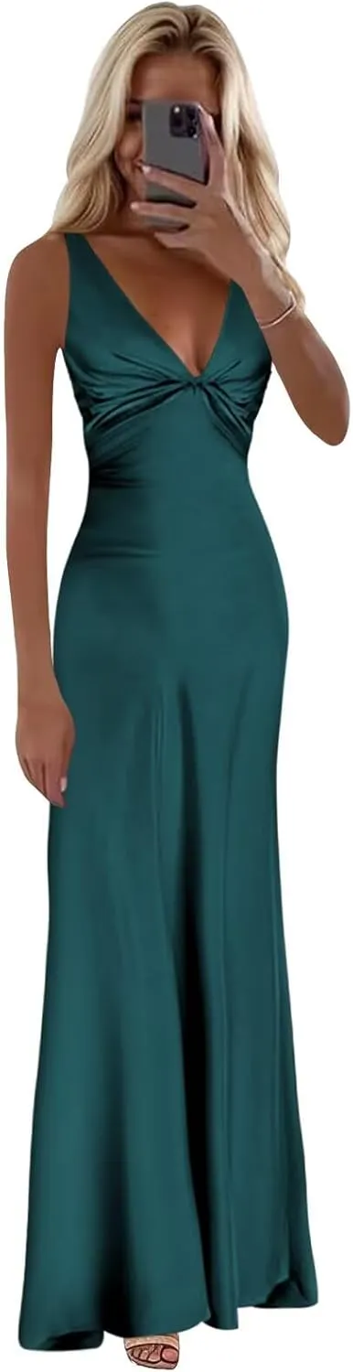 Satin Prom Dress Long Corset Halter Bridesmaid Dresses V Neck Mermaid Formal Evening Gowns