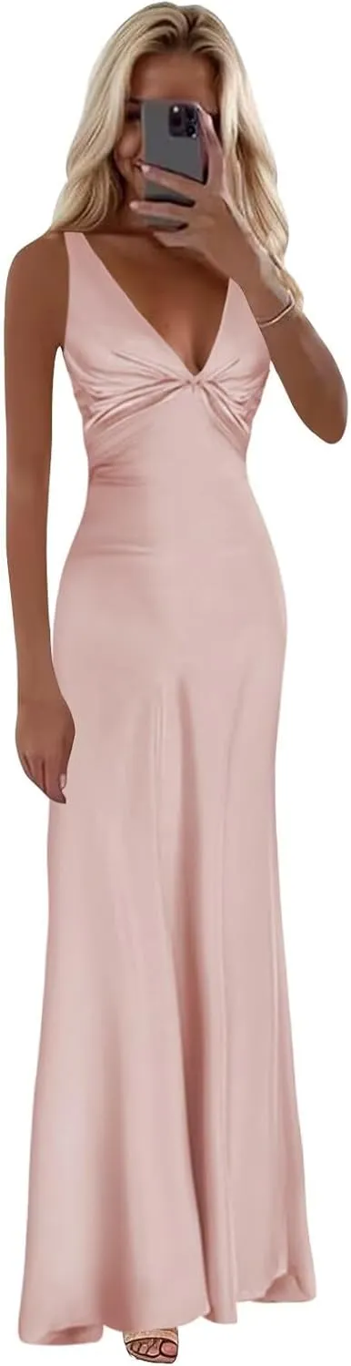 Satin Prom Dress Long Corset Halter Bridesmaid Dresses V Neck Mermaid Formal Evening Gowns