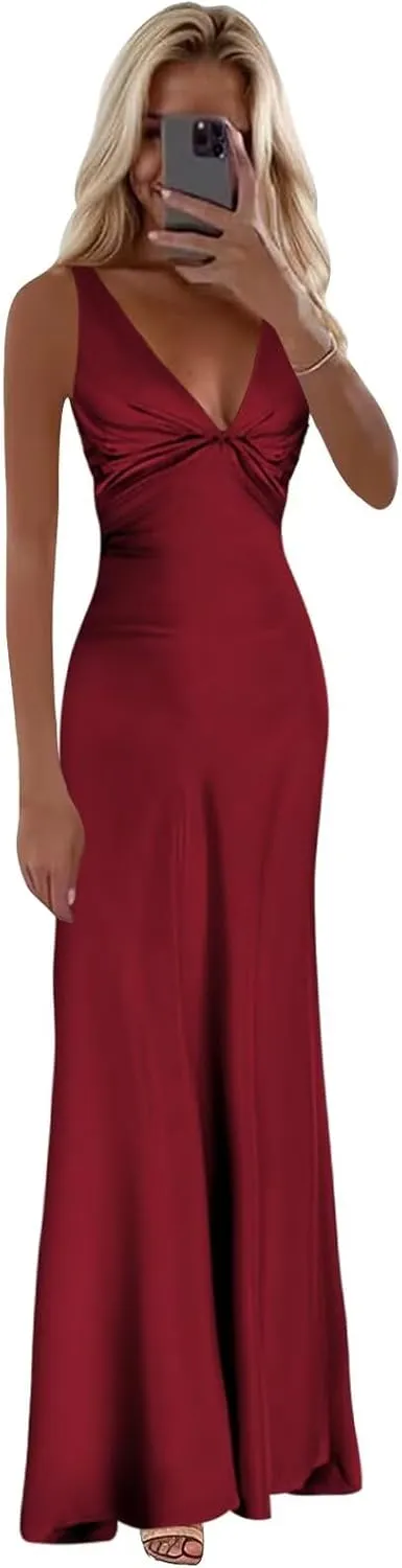 Satin Prom Dress Long Corset Halter Bridesmaid Dresses V Neck Mermaid Formal Evening Gowns