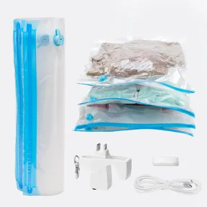 SealVax® Vacuum Compression Bags – Travel-Sized, Phone-Powered Pump, 5 Reusable Space-Saver Bags with Patented Valves – No Battery, Airplane-Friendly (Includes Cable Clip)