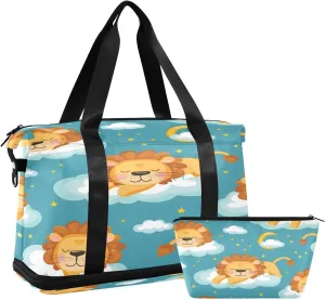 Seamless Pattern Cartoon Lion with Sky Element Cute Animal Wallpaper for Textile Gift Wrap Paper Travel Duffel Bag Waterproof Gym Sport Tote Bag Carry On Weekender Bag with Compartment