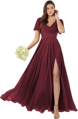 SEIM Women's Flutter Sleeve Bridesmaid Dresses Long with Slit V Neck Chiffon Formal Dresses SE036