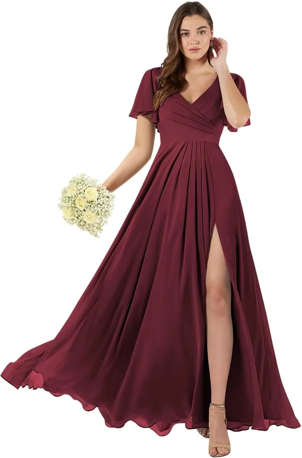 SEIM Women's Flutter Sleeve Bridesmaid Dresses Long with Slit V Neck Chiffon Formal Dresses SE036