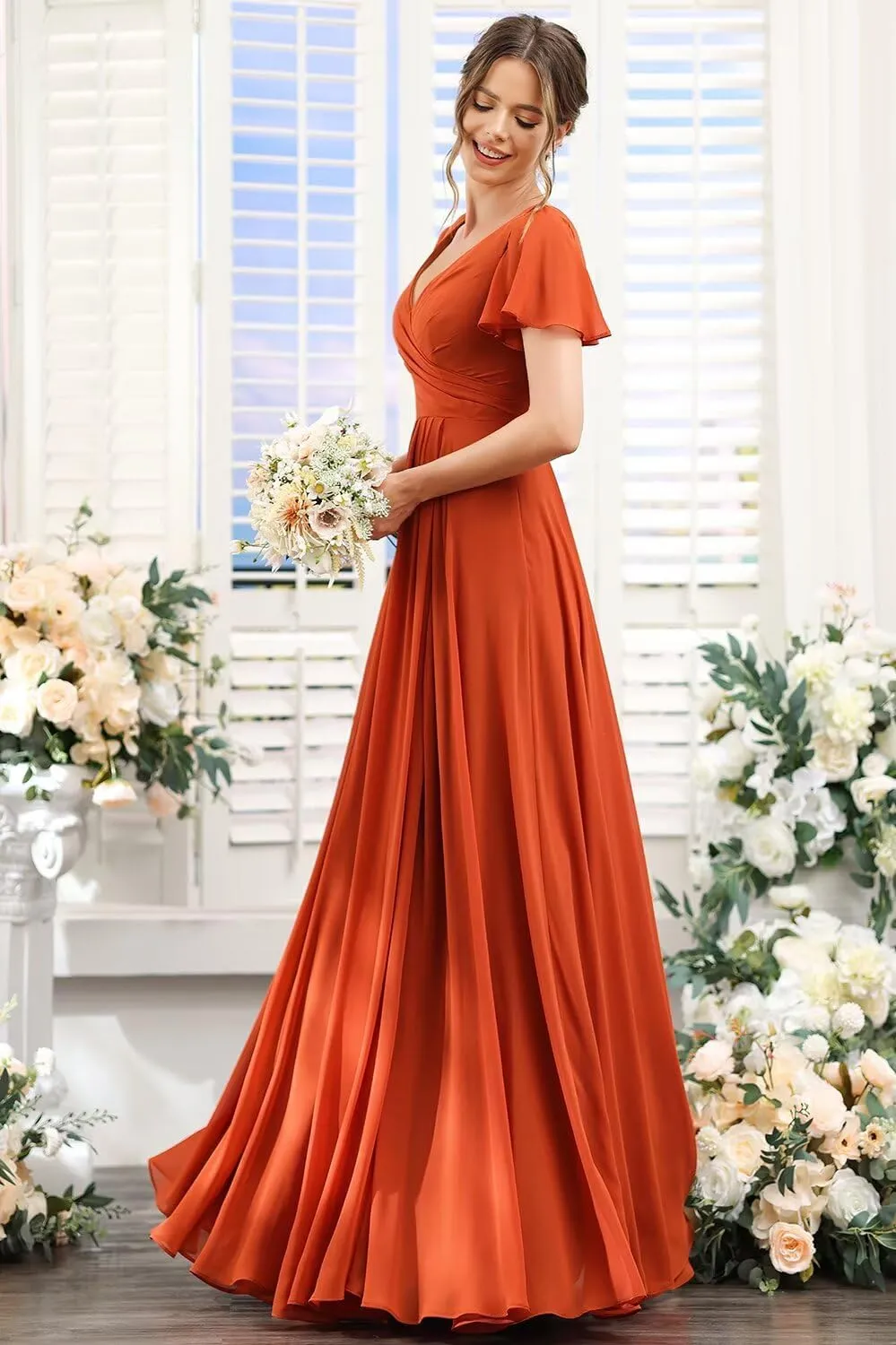 SEIM Women's Flutter Sleeve Bridesmaid Dresses Long with Slit V Neck Chiffon Formal Dresses SE036