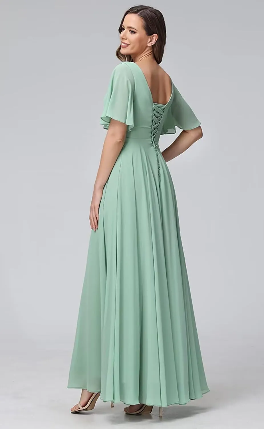 SEIM Women's Flutter Sleeve Bridesmaid Dresses Long with Slit V Neck Chiffon Formal Dresses SE036