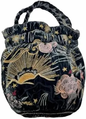 Selah Velvet Pouch Jasper Blue Small Mini Pouch Embroidery Bag Handbag New