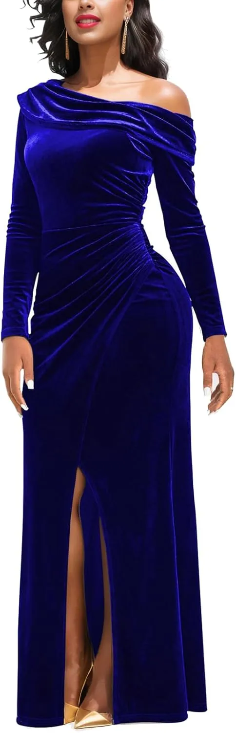 Sexy One Shoulder Gowns for Women Elegant Long Sleeve Velvet High Split Mermaid Dresses Formal Ruched Evening Party Dress