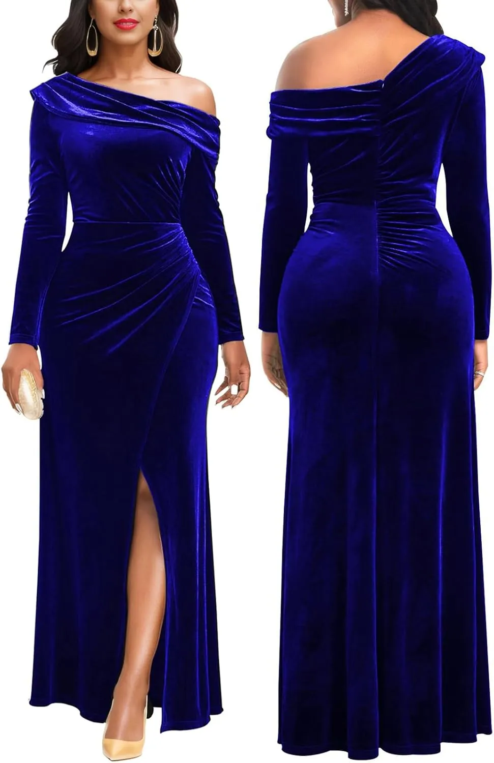 Sexy One Shoulder Gowns for Women Elegant Long Sleeve Velvet High Split Mermaid Dresses Formal Ruched Evening Party Dress