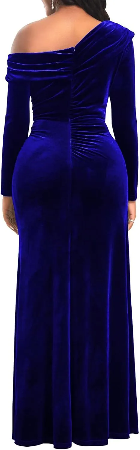 Sexy One Shoulder Gowns for Women Elegant Long Sleeve Velvet High Split Mermaid Dresses Formal Ruched Evening Party Dress