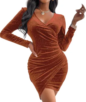 Sexyasasii Women's Mini Wrap Dress V Neck Long Sleeve Velvet Bodycon Glitter Ruched Cocktail Party Dresses