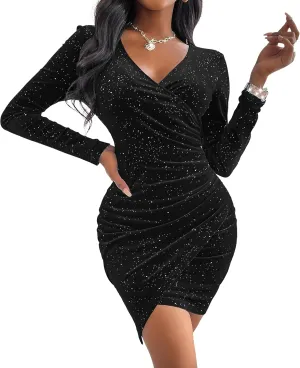 Sexyasasii Women's Mini Wrap Dress V Neck Long Sleeve Velvet Bodycon Glitter Ruched Cocktail Party Dresses