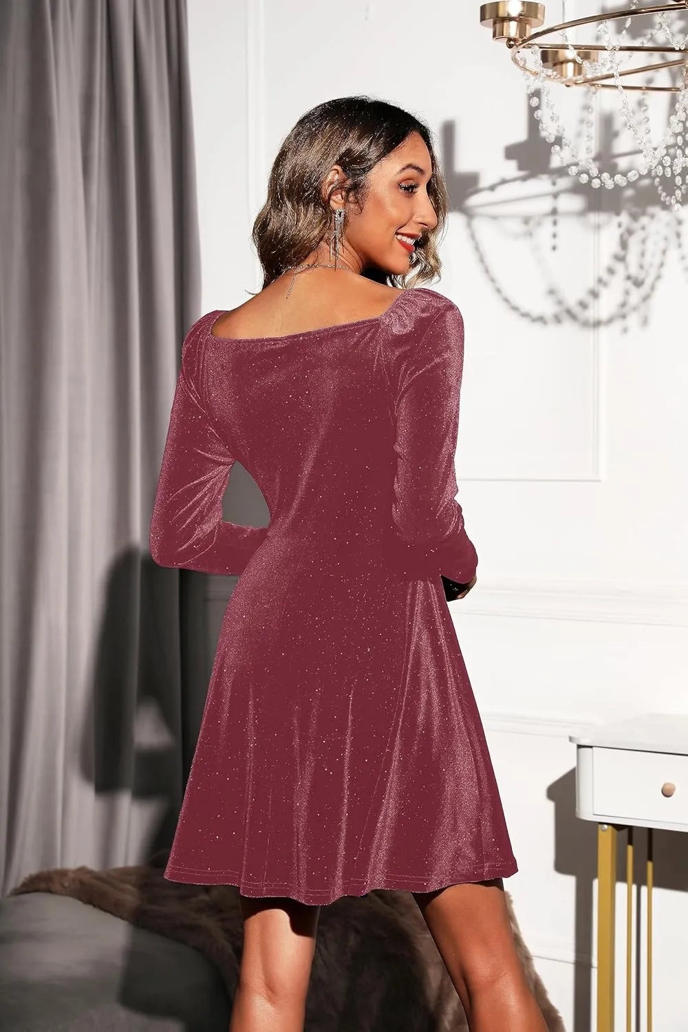 Sexyasasii Womens Wrap V Neck Long Sleeve Velvet Glitter A Line Cocktail Party Swing Fit and Flare Skater Mini Dress