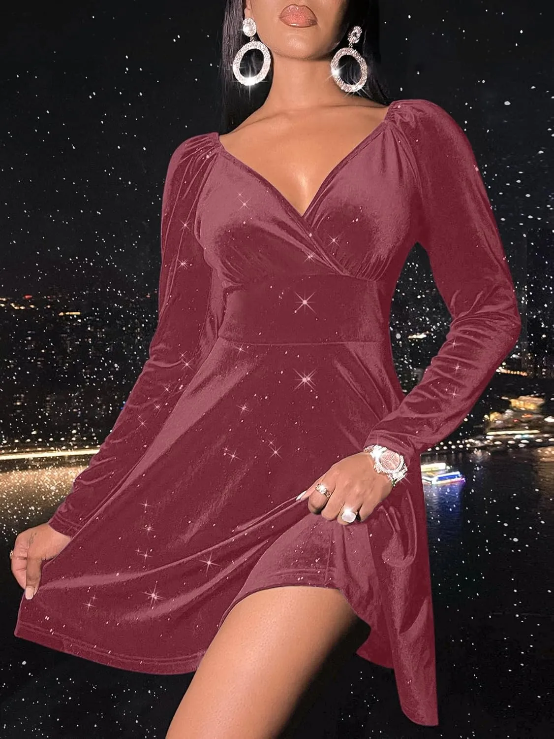 Sexyasasii Womens Wrap V Neck Long Sleeve Velvet Glitter A Line Cocktail Party Swing Fit and Flare Skater Mini Dress