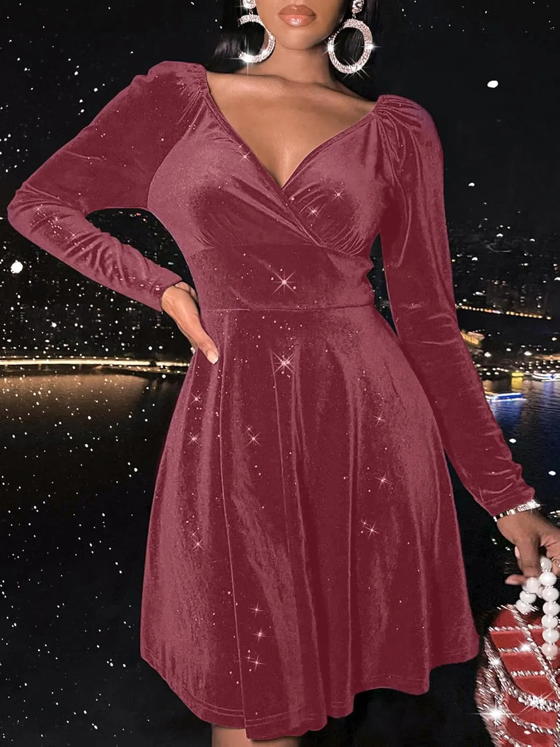 Sexyasasii Womens Wrap V Neck Long Sleeve Velvet Glitter A Line Cocktail Party Swing Fit and Flare Skater Mini Dress
