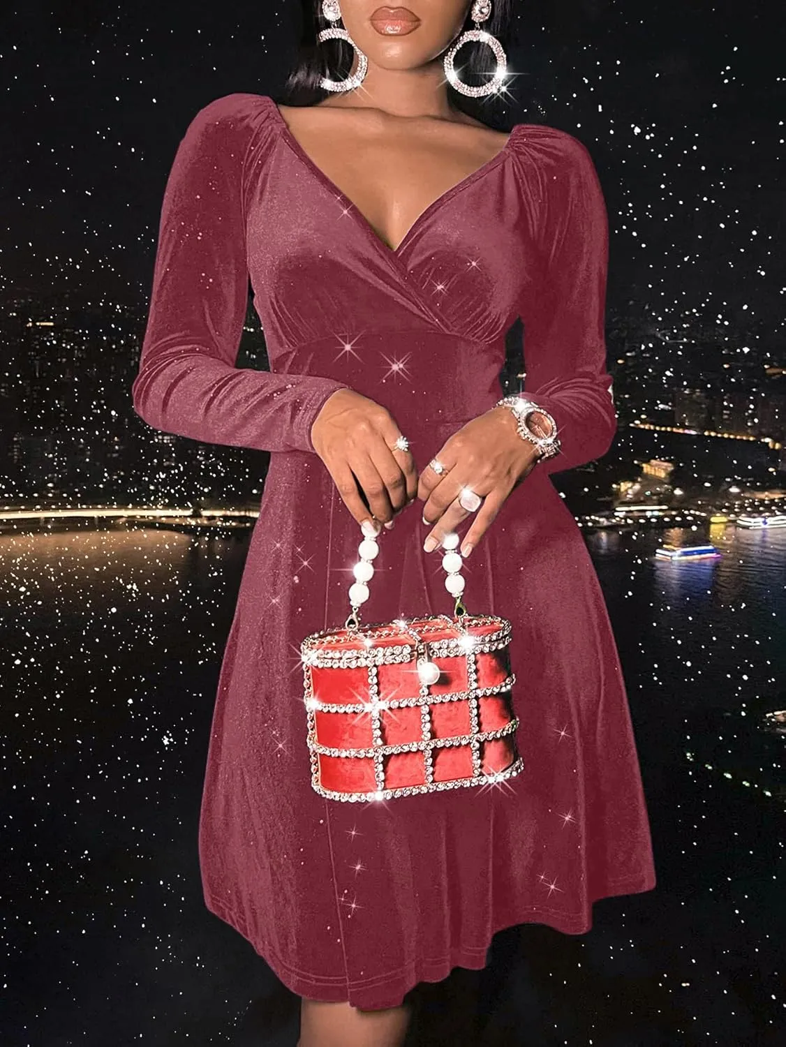 Sexyasasii Womens Wrap V Neck Long Sleeve Velvet Glitter A Line Cocktail Party Swing Fit and Flare Skater Mini Dress