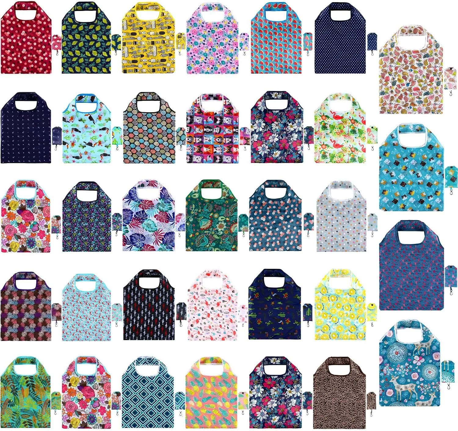 Shappy 34 Pcs Reusable Floral Grocery Bags Foldable Nylon Washable Extra Large Cute Flower Tote Bags with Attached Pouch for Women Shopping Supplies