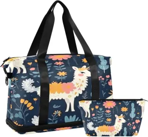 Sheep with Flower Leaf Travel Duffel Bag Waterproof Gym Sport Tote Bag Carry On Weekender Bag with Compartment