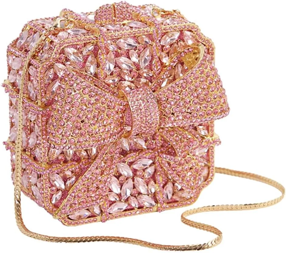 Shining Ladies Bow Knot Evening Clutch Crystal Handbag Rhinestone Shoulder Bag Diamond Purse for Wedding Prom Party