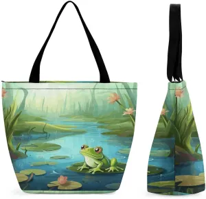 Shopping Zippered Tote for Women,Frog in A Pond Print Travel Totes Bag,Beach Tote Bags,Overnight Handbag,reusable Shopping Bags