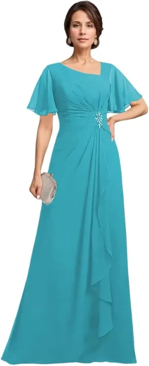 Short Sleeve Mother of The Bride Dresses for Women Ruffle Beaded Formal Evening Gowns for Wedding Guest