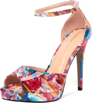 SHOWFOREST Womens Open Toe Ankle Strap Buckle Sexy Evening Peep Toe Patent Stiletto High Heel Platforms Sandals 4.7 Inch