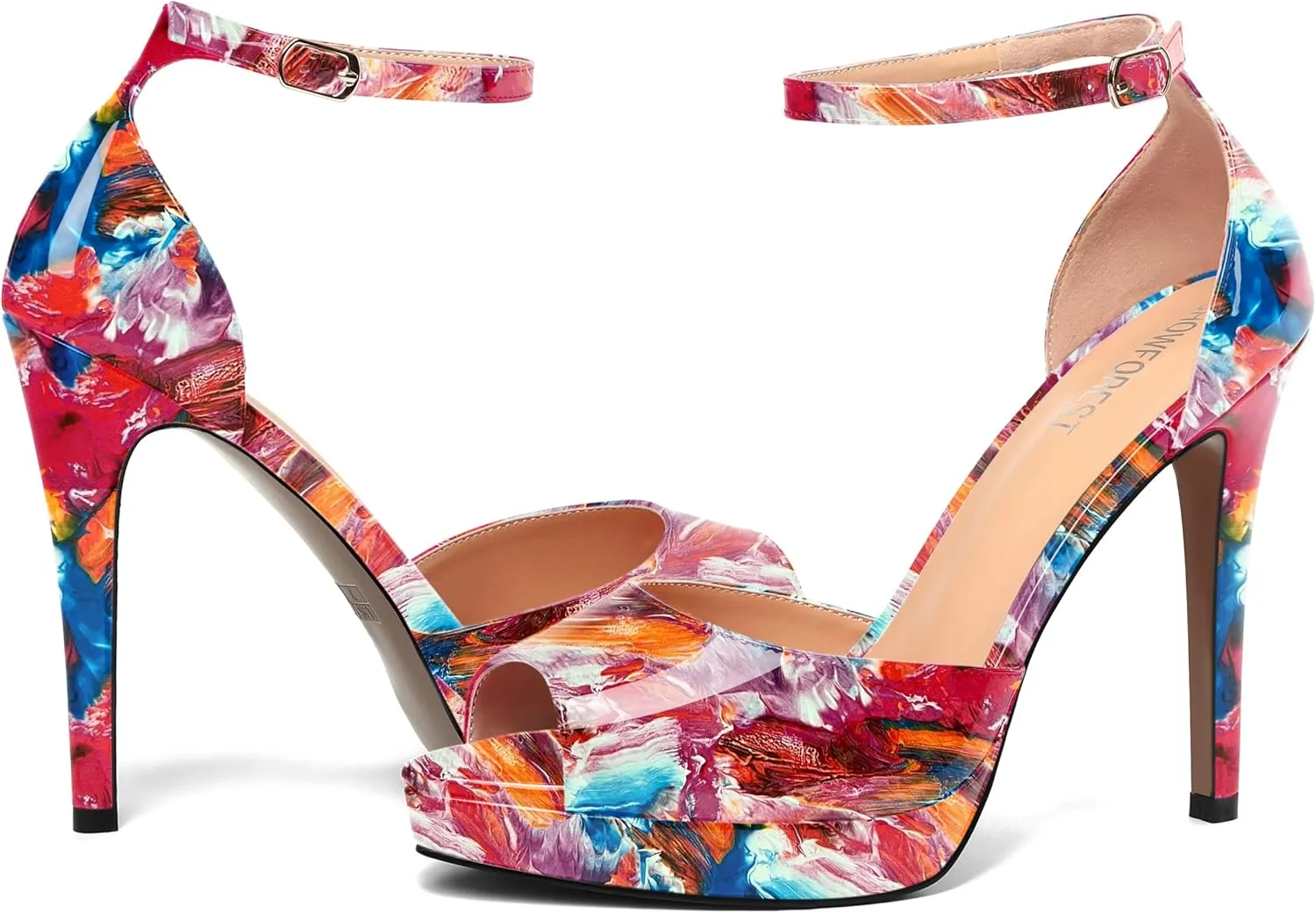 SHOWFOREST Womens Open Toe Ankle Strap Buckle Sexy Evening Peep Toe Patent Stiletto High Heel Platforms Sandals 4.7 Inch