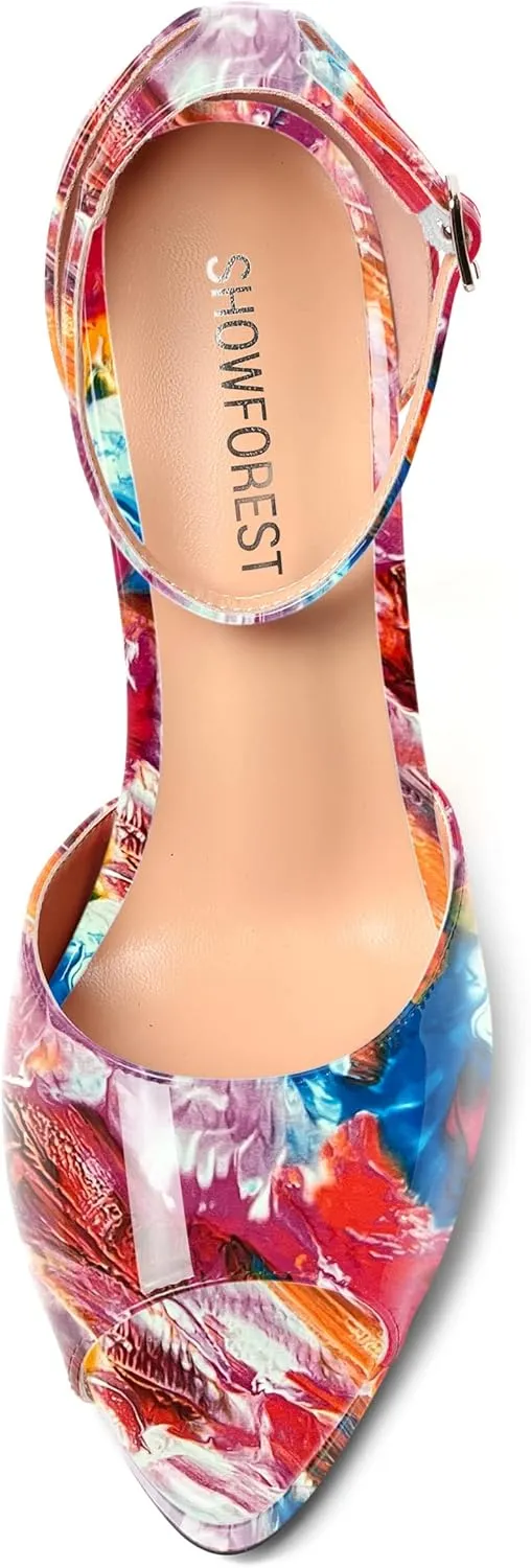 SHOWFOREST Womens Open Toe Ankle Strap Buckle Sexy Evening Peep Toe Patent Stiletto High Heel Platforms Sandals 4.7 Inch