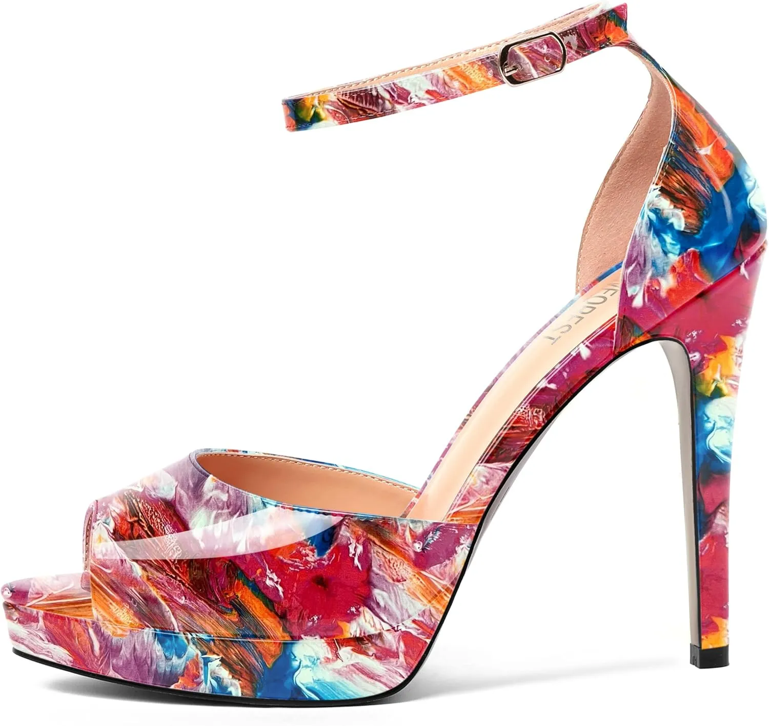 SHOWFOREST Womens Open Toe Ankle Strap Buckle Sexy Evening Peep Toe Patent Stiletto High Heel Platforms Sandals 4.7 Inch