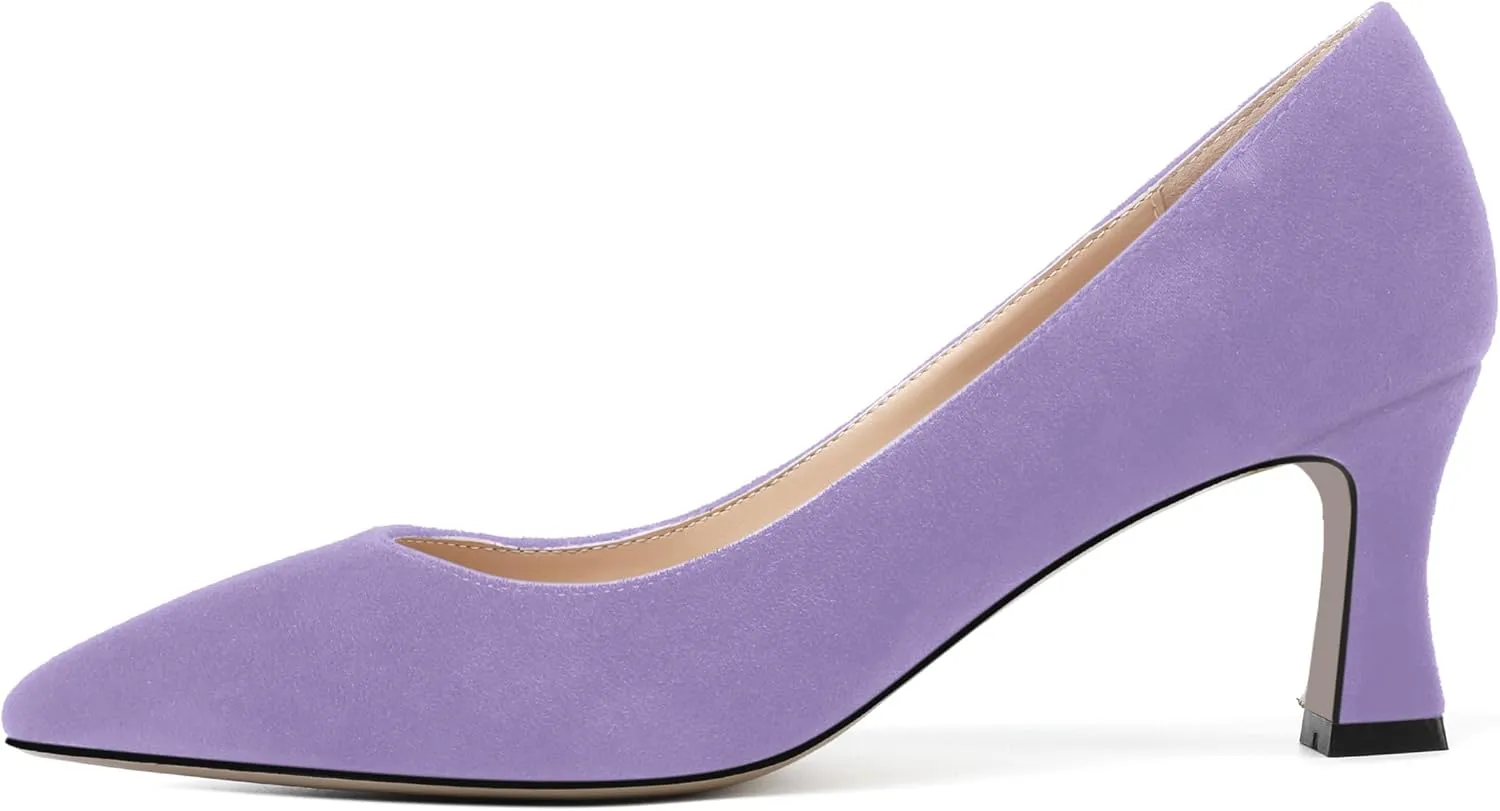 SHOWFOREST Womens Pointed Toe Slip On Evening Suede Dress Spool Mid Heel Pumps Shoes 2.5 Inch