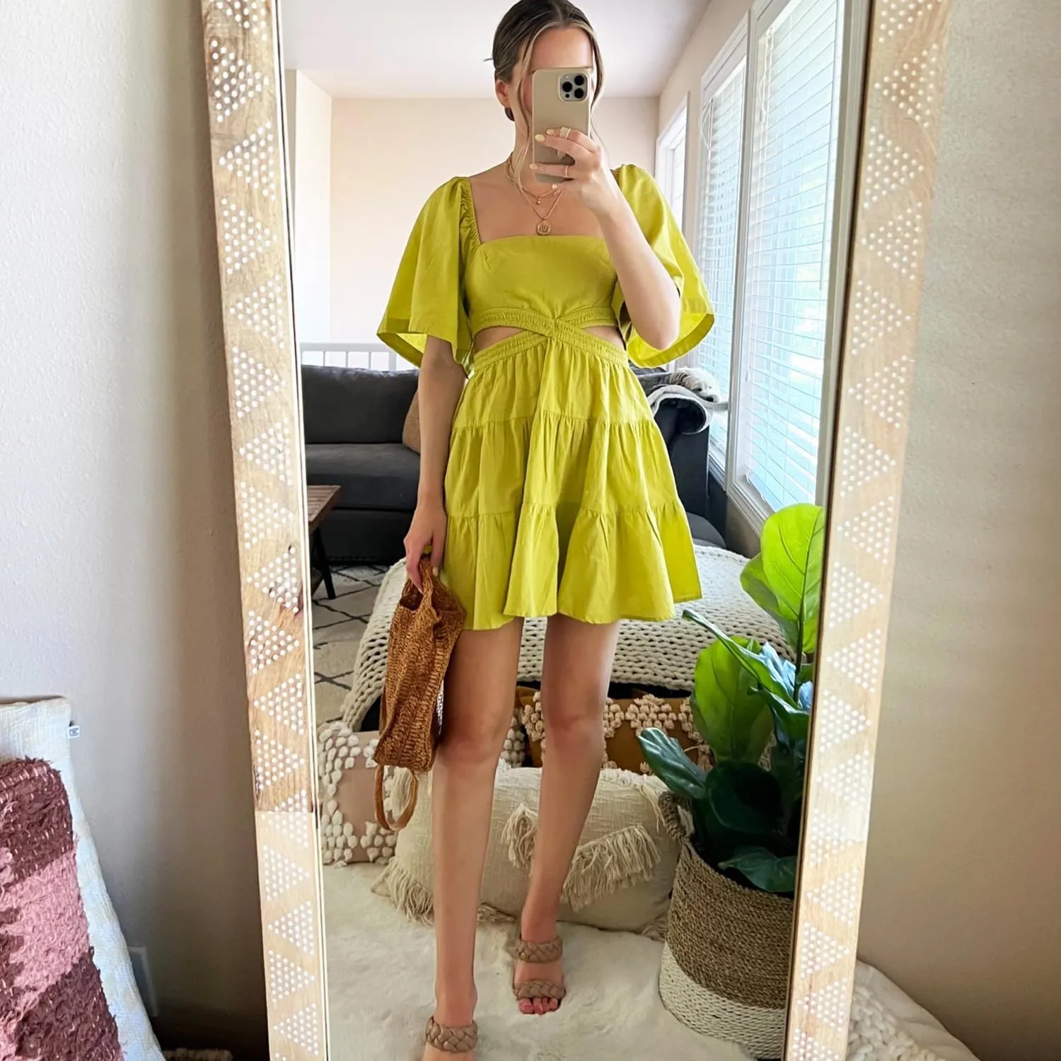 Shy Velvet Women's Summer Dress Square Neck Short Sleeves Crossover Waist Casual Party Mini Dress