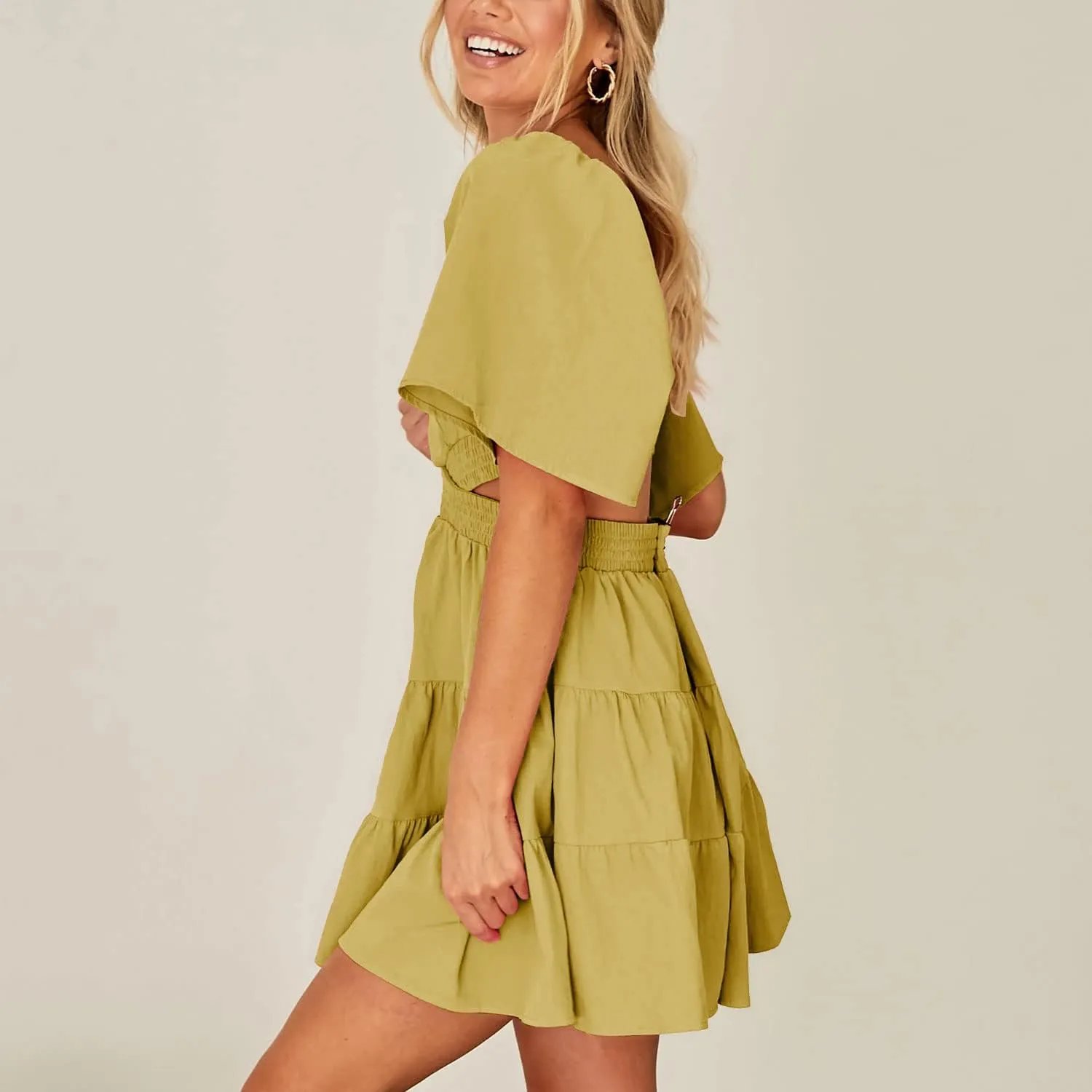 Shy Velvet Women's Summer Dress Square Neck Short Sleeves Crossover Waist Casual Party Mini Dress