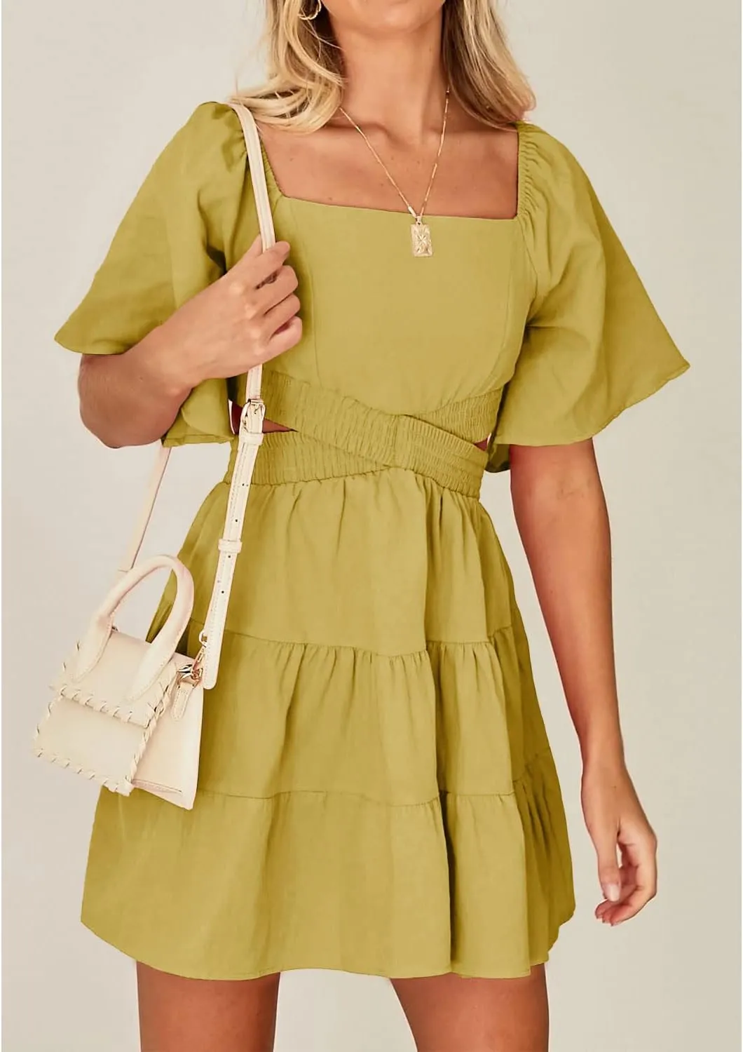 Shy Velvet Women's Summer Dress Square Neck Short Sleeves Crossover Waist Casual Party Mini Dress