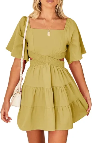 Shy Velvet Women's Summer Dress Square Neck Short Sleeves Crossover Waist Casual Party Mini Dress