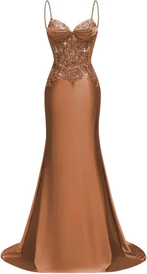 Silk Beaded Prom Dresses Long for Women Mermaid Formal Dresses Spaghetti Straps Evening Party Gowns