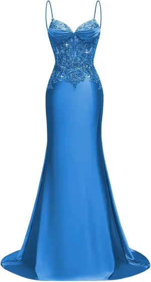 Silk Beaded Prom Dresses Long for Women Mermaid Formal Dresses Spaghetti Straps Evening Party Gowns