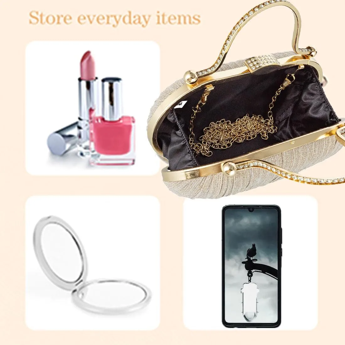 Simcat Women Gold Clutch Purses Glitter Evening Handbag Pleated Evening Bag for Lady Formal Bridal Wedding Prom