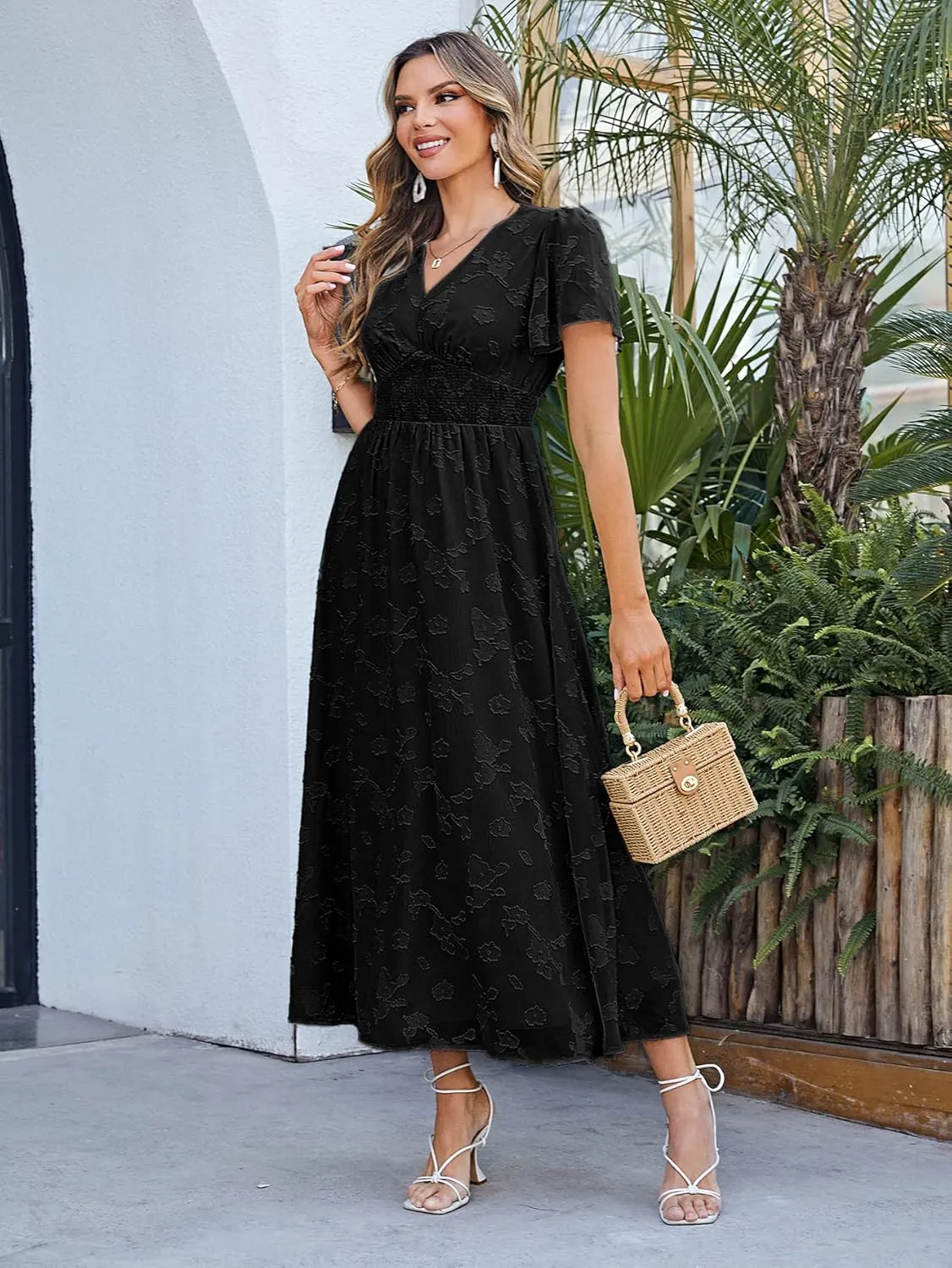 Simplee Women's Boho Floral Maxi Dress Flowy Casual V Neck Short Sleeve Wedding Guest Holiday Beach Long Dress