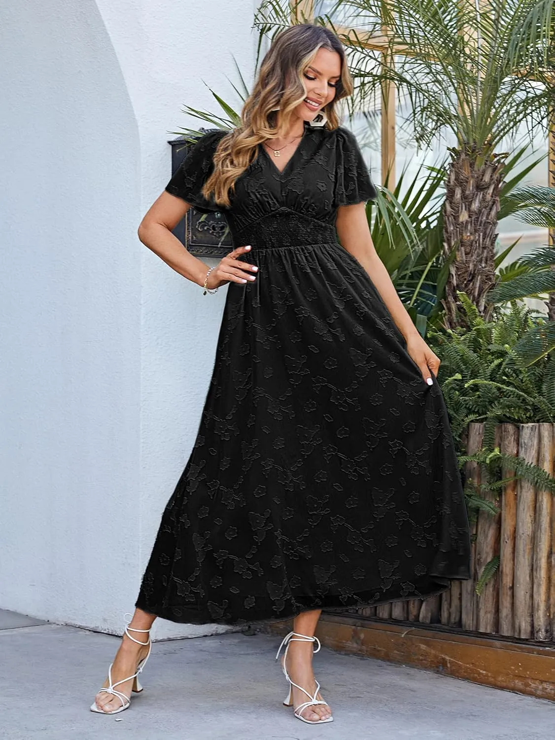 Simplee Women's Boho Floral Maxi Dress Flowy Casual V Neck Short Sleeve Wedding Guest Holiday Beach Long Dress