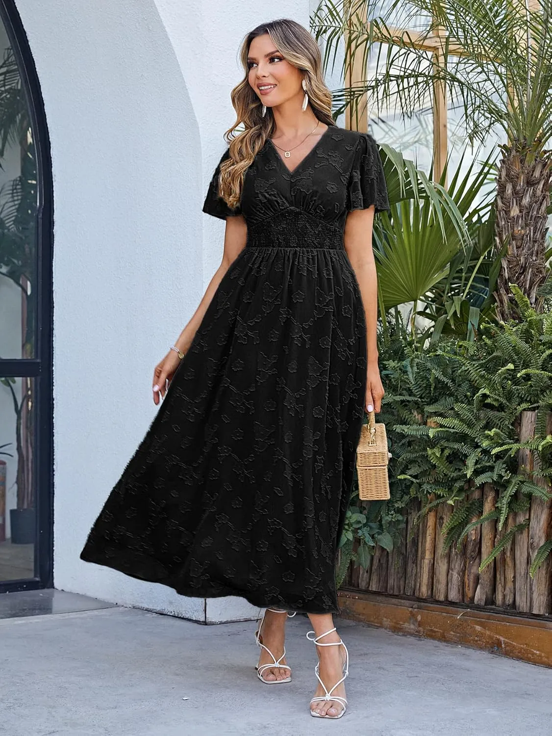 Simplee Women's Boho Floral Maxi Dress Flowy Casual V Neck Short Sleeve Wedding Guest Holiday Beach Long Dress