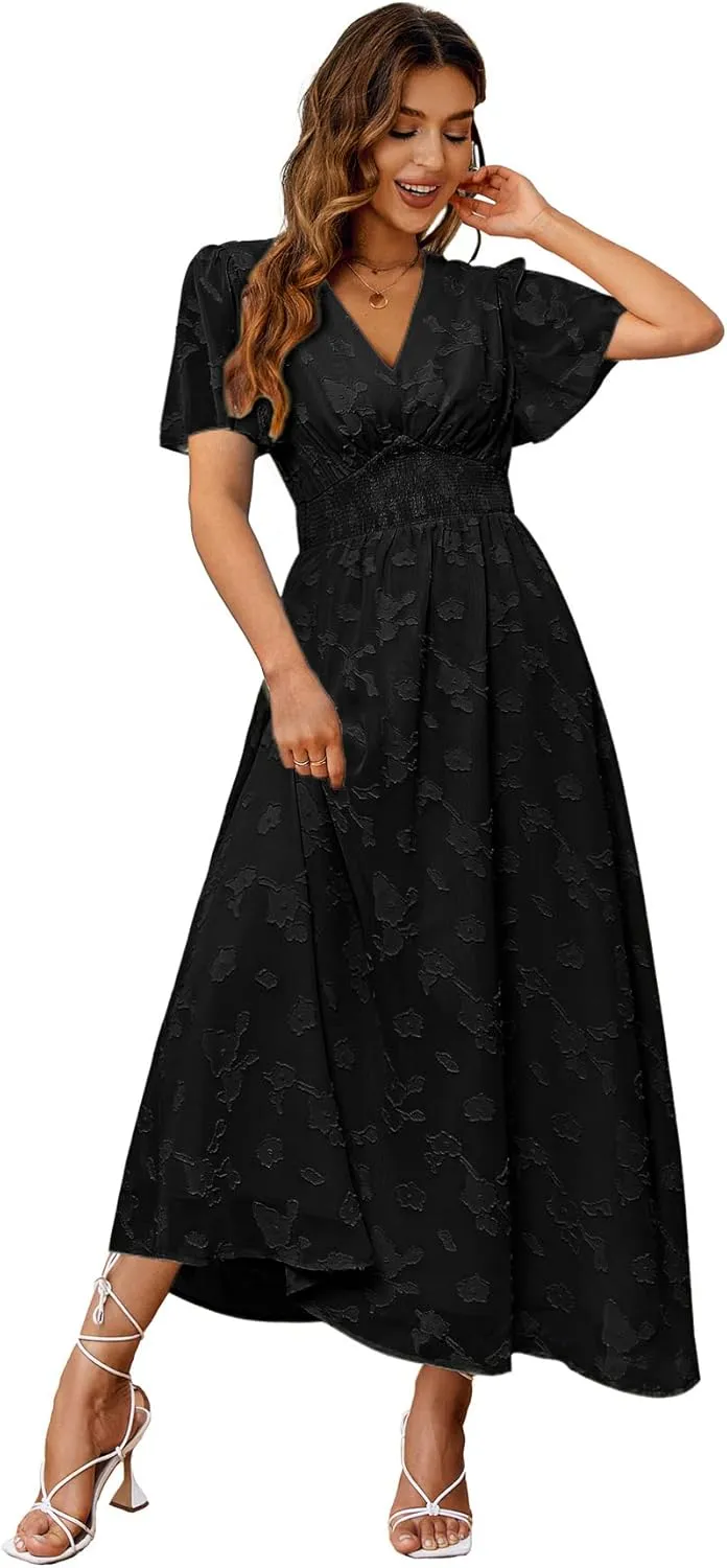 Simplee Women's Boho Floral Maxi Dress Flowy Casual V Neck Short Sleeve Wedding Guest Holiday Beach Long Dress