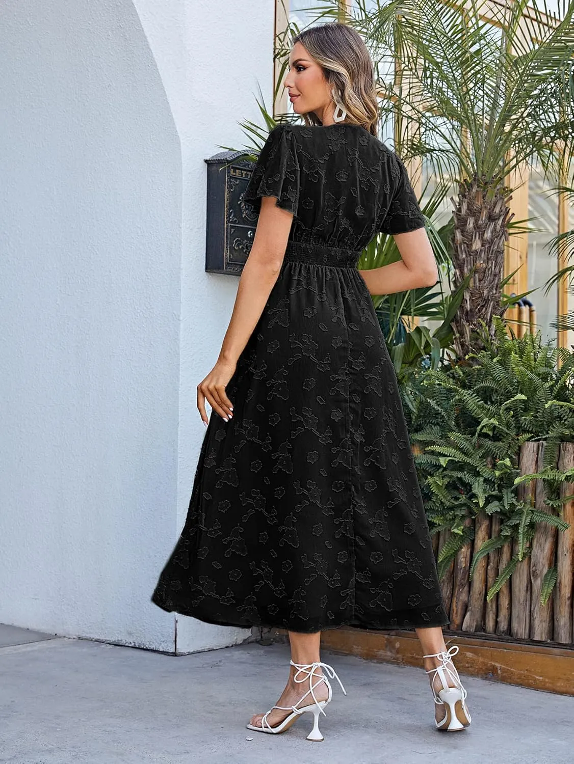 Simplee Women's Boho Floral Maxi Dress Flowy Casual V Neck Short Sleeve Wedding Guest Holiday Beach Long Dress
