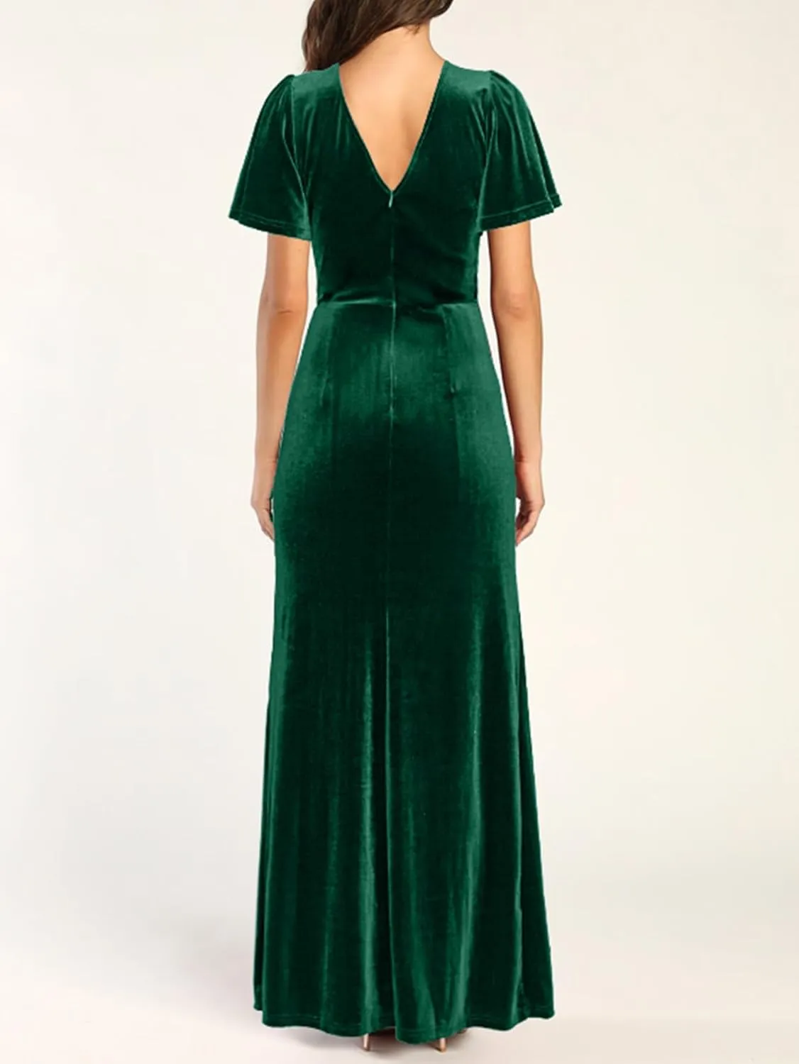 Simplee Women's Twist Front V Neck Velvet Maxi Dress Short Sleeve Fall Wedding Guest Long Semi Formal Dress with Slit